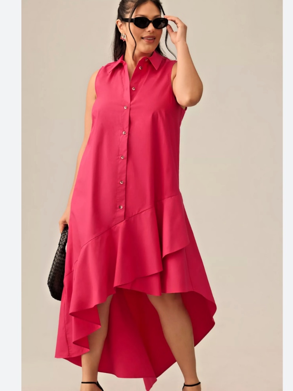 Anthropologie Maeve Sz M Sleeveless Button down Asymmetrical Ruffle-Hem Dress